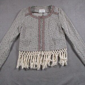 Miss Me Boho Fringe Knit Cardigan Jacket Womens S Black White Sweater Coat